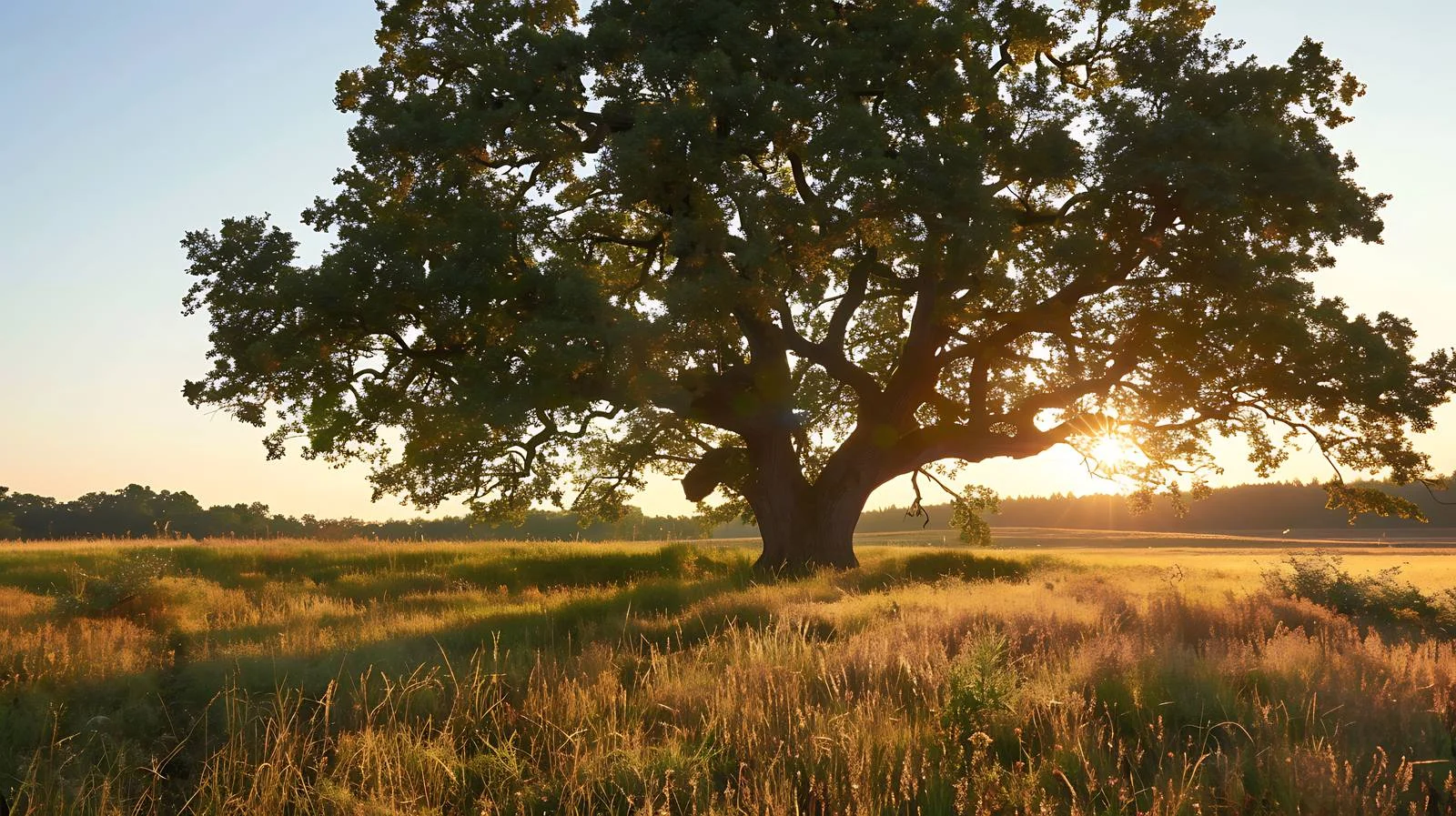 Serene Oak Tree at Sunrise in Field — free download from Dotvec