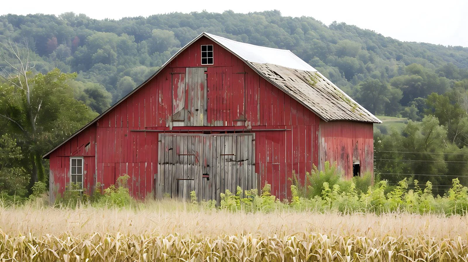 Rustic Red Barn Amid Cornfield and Wooded Hills — free download from Dotvec