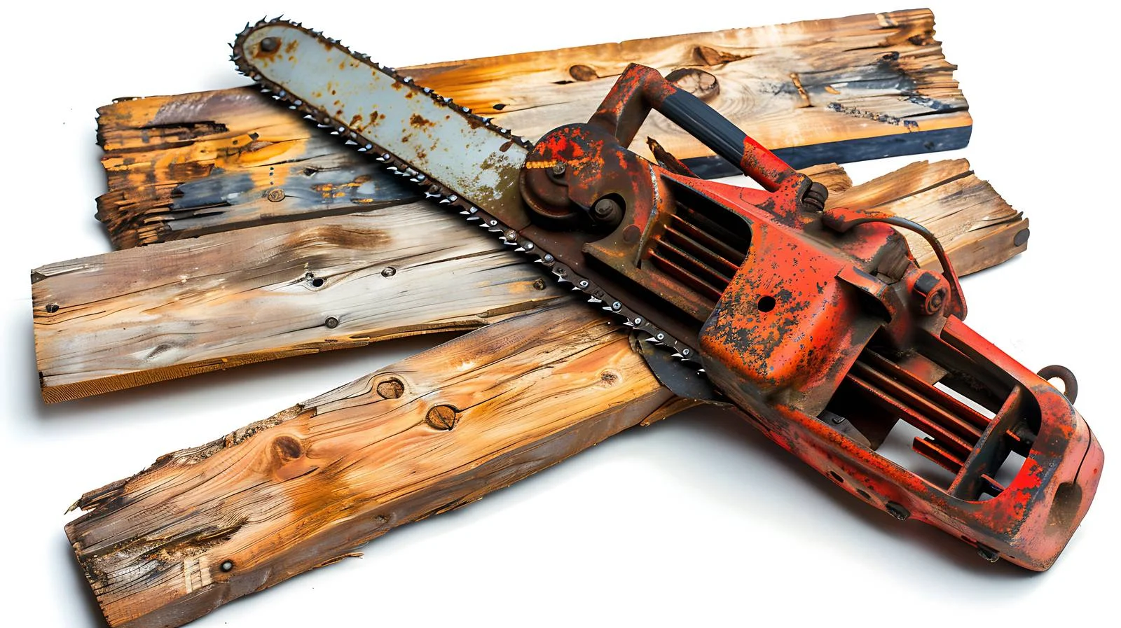 Vintage rusty chainsaw amid scattered bolts — free download from Dotvec