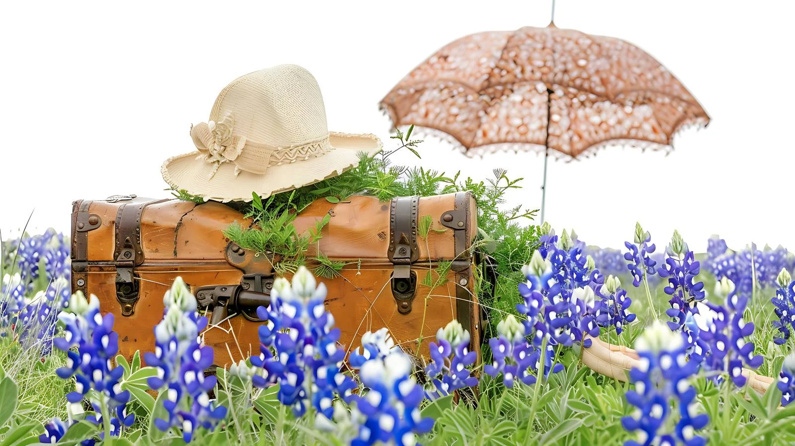 Vintage Bonnet and Parasol Amid Bluebonnet Field — free download from Dotvec