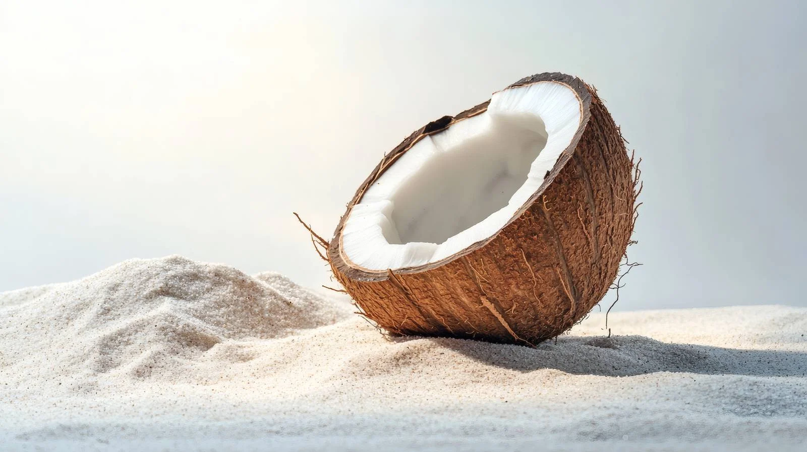 Freshly cracked coconut on sandy shore — free download from Dotvec