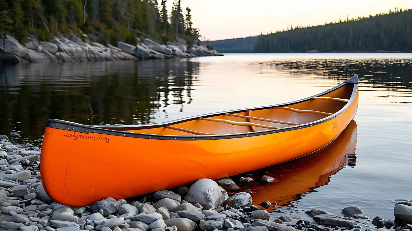 Vibrant kayak on rocky Boundary Waters shore — free download from Dotvec