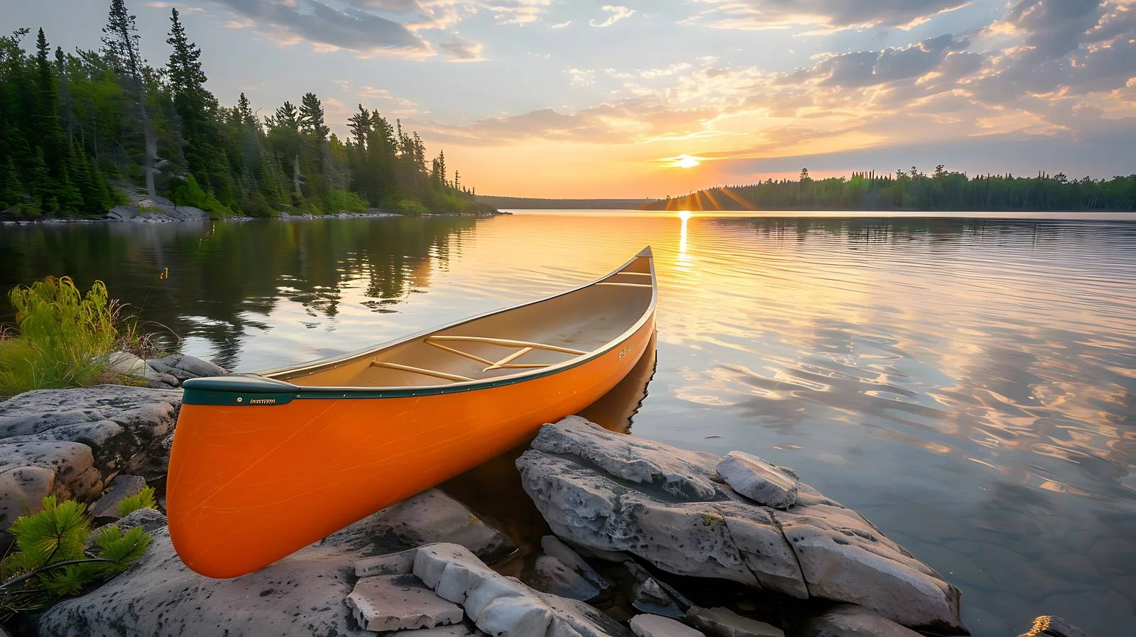 Vibrant orange canoe on Boundary Waters shore — free download from Dotvec