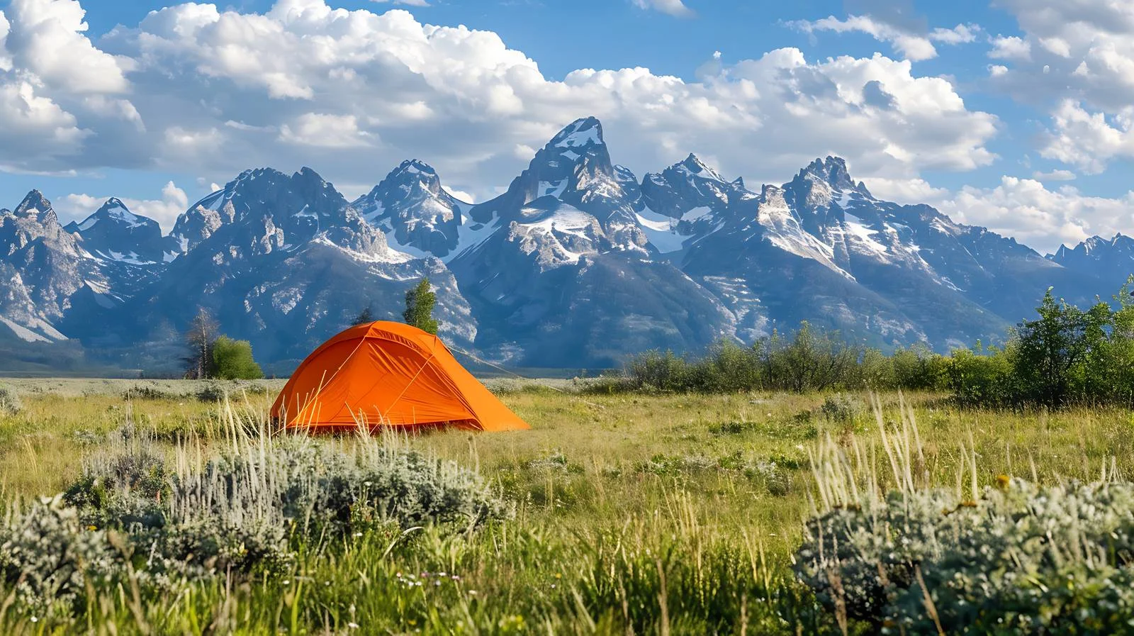 Vibrant Orange Tent Amid Grand Teton Range — free download from Dotvec