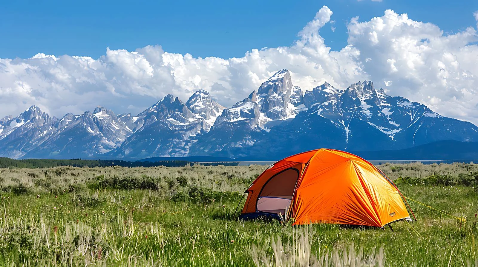 Vibrant Orange Tent in Meadow at Grand Teton — free download from Dotvec