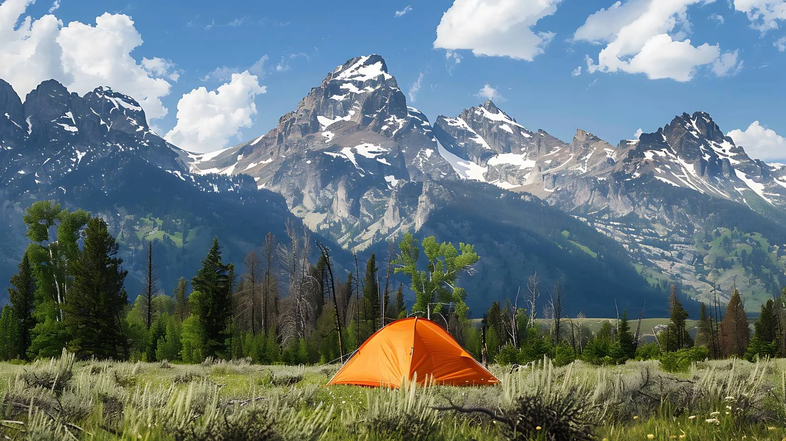 Vibrant Orange Tent in Meadow Near Grand Teton — free download from Dotvec
