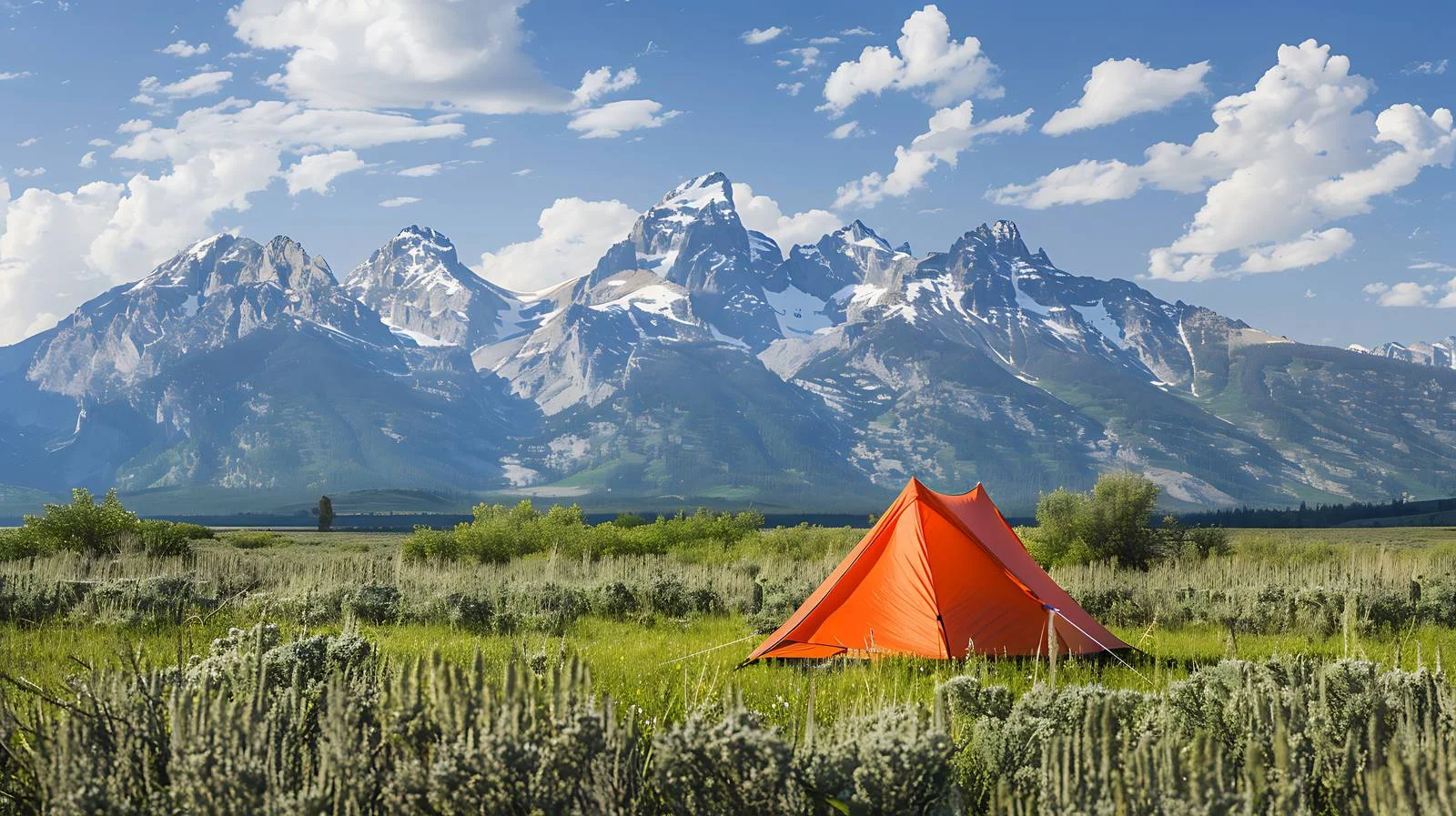 Vibrant Orange Tent in Meadow Near Grand Teton — free download from Dotvec