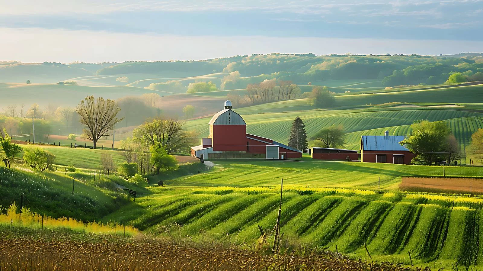 Idyllic Farm and Fields in Spring Sunset — free download from Dotvec