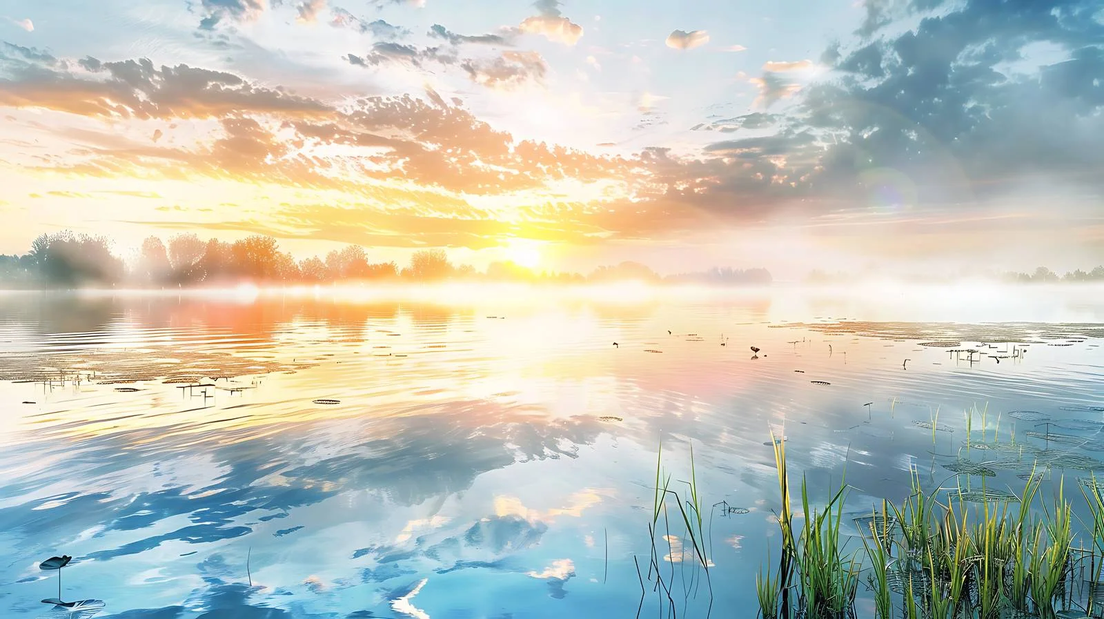 Serene Sunrise Reflection Over Lake Panorama — free download from Dotvec