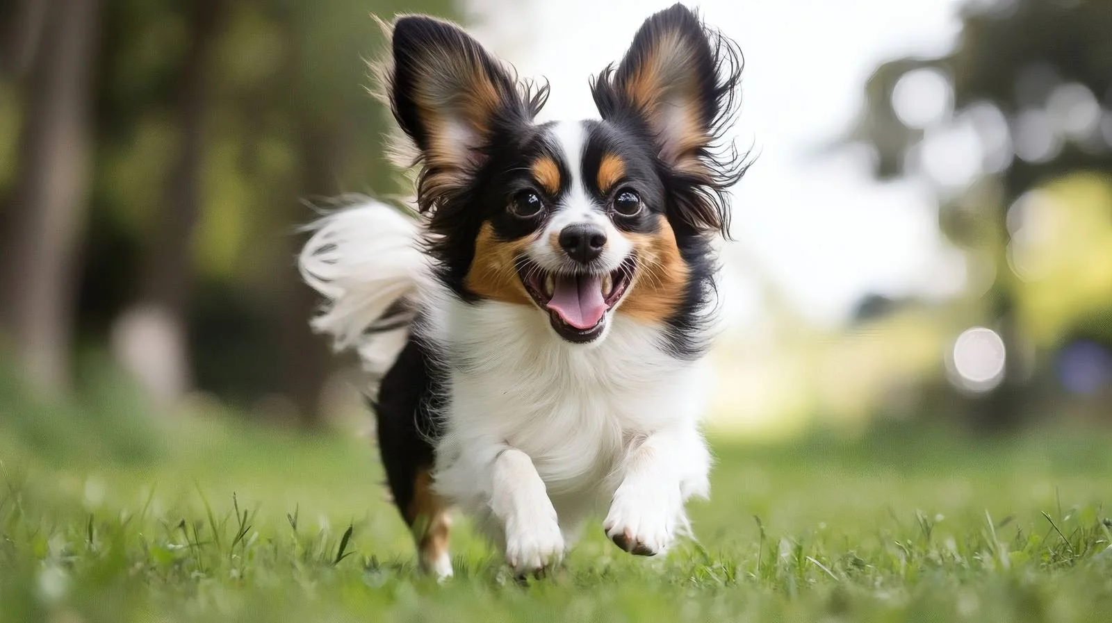 Playful Papillon dog in summer park — free download from Dotvec