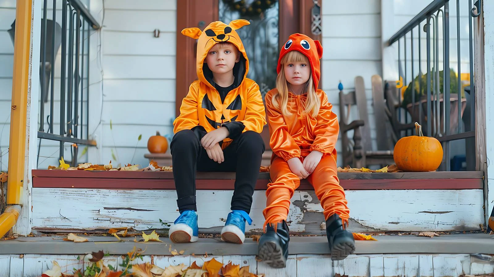 Joyful siblings in Halloween outfits on steps — free download from Dotvec