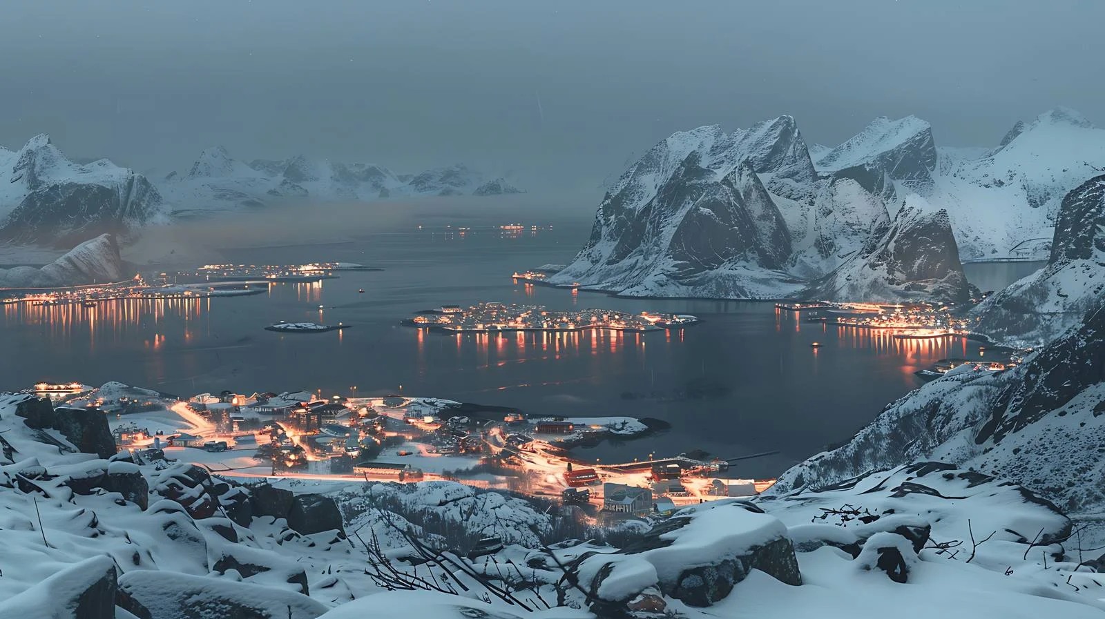Arctic night view of Kirkefjord from Reinebringen — free download from Dotvec