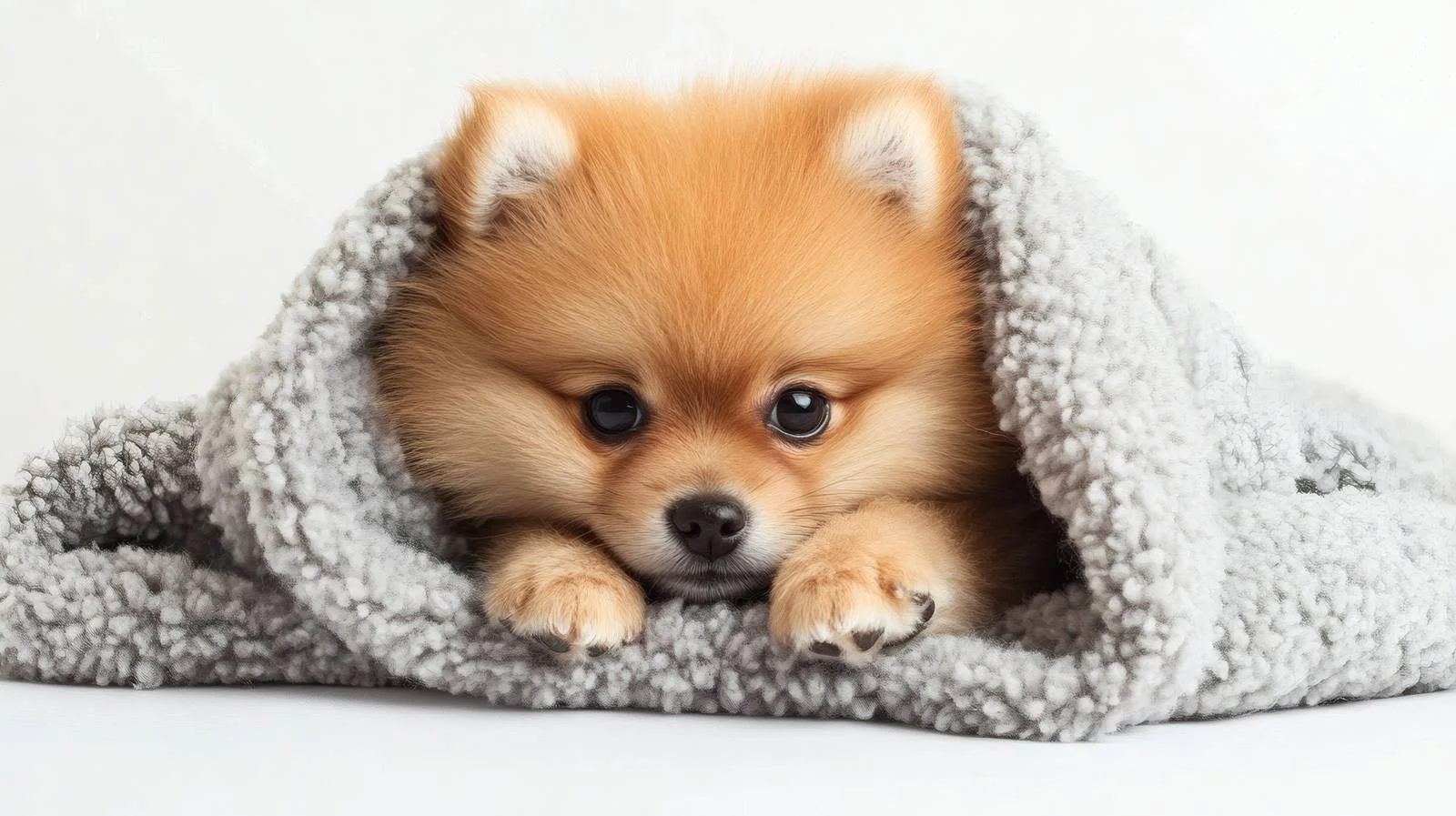 Adorable Pomeranian Puppy in Serene White Room — free download from Dotvec
