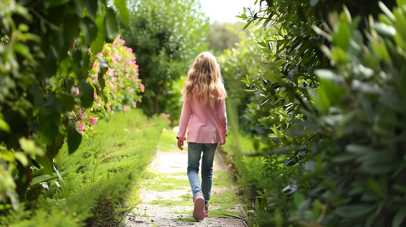 Serene pre-teen strolling on garden path — free download from Dotvec