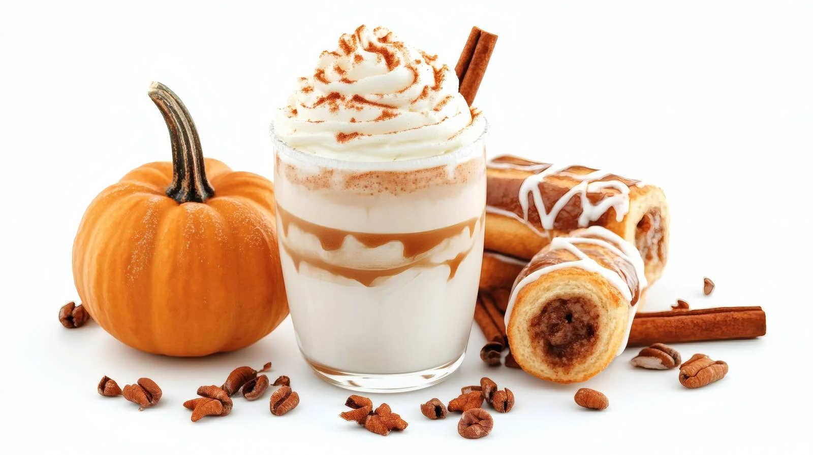 Autumn Pumpkin Spice Latte and Cinnabon on White Background — free download from Dotvec