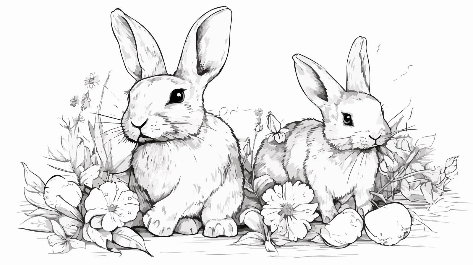 Adorable Rabbits in Flower Sketch Cartoon — free download from Dotvec