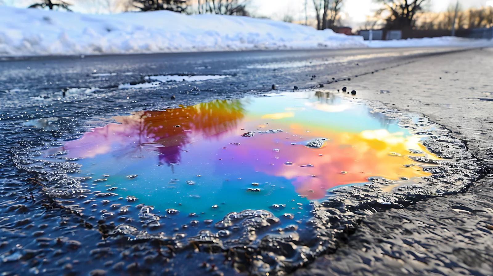 Vibrant gasoline rainbow on asphalt road — free download from Dotvec