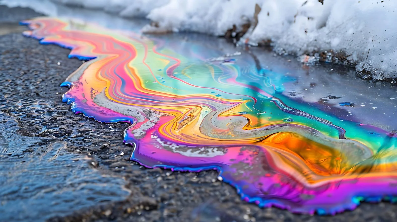 Colorful gasoline spill on pavement after snow — free download from Dotvec