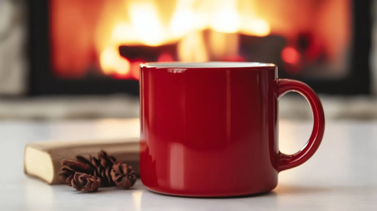 Cozy Red Mug by Fireplace Setting — free download from Dotvec