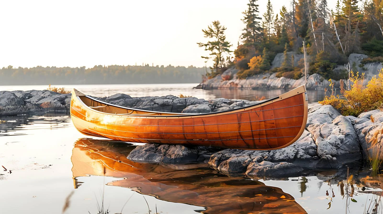 Red Wood Canoe on Island Outcrop — free download from Dotvec