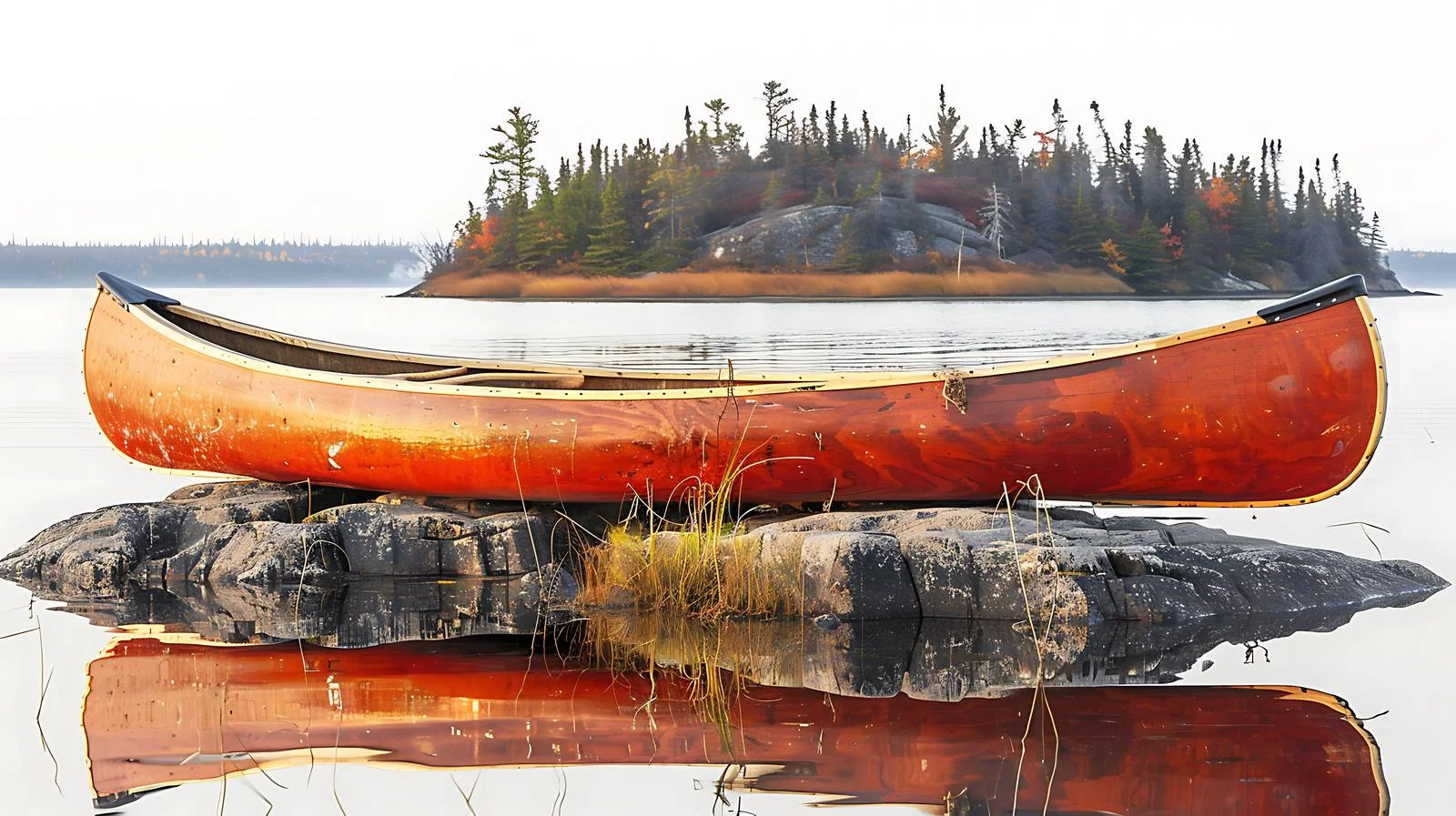 Serene Red Wood Canoe on Rocky Island — free download from Dotvec