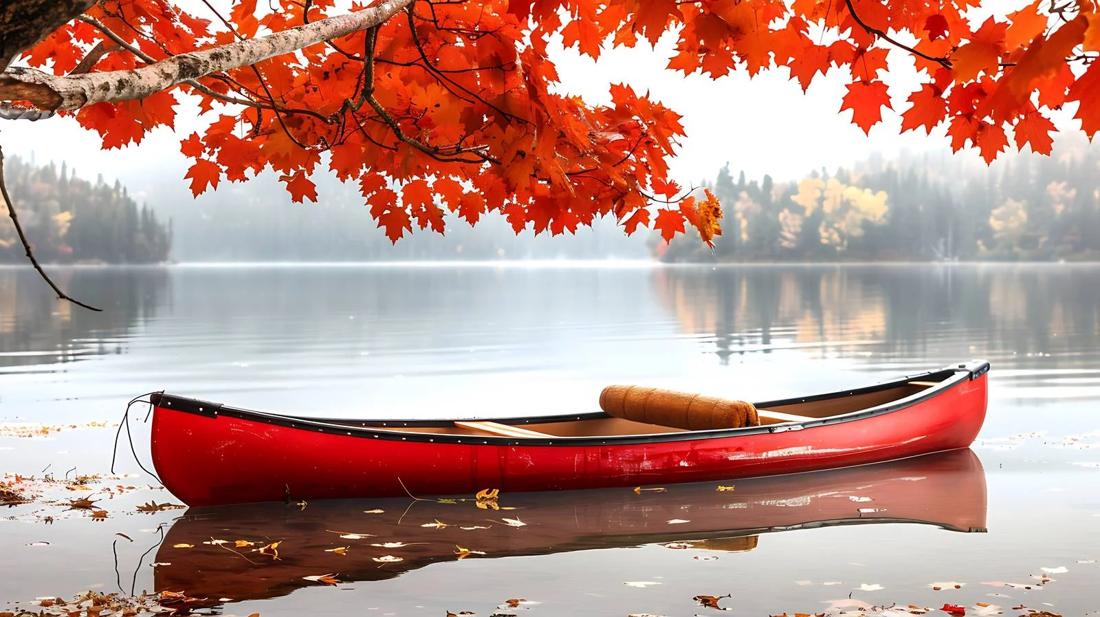Tranquil Red Wooden Canoe on Serene Lake — free download from Dotvec