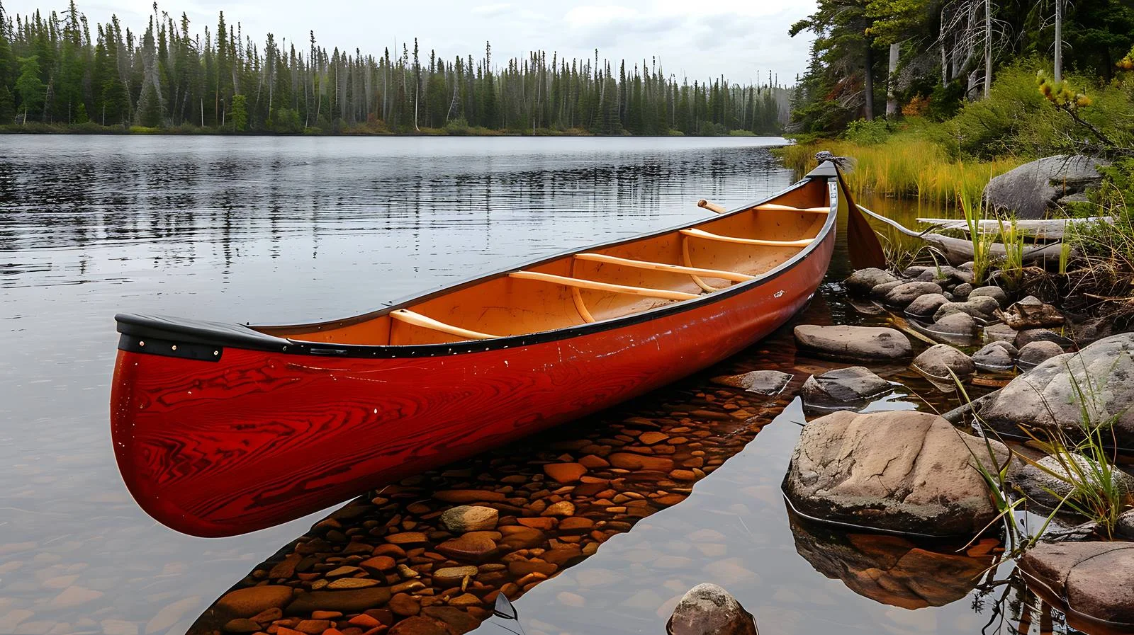 Serene red canoe rests by Minnesota lake — free download from Dotvec