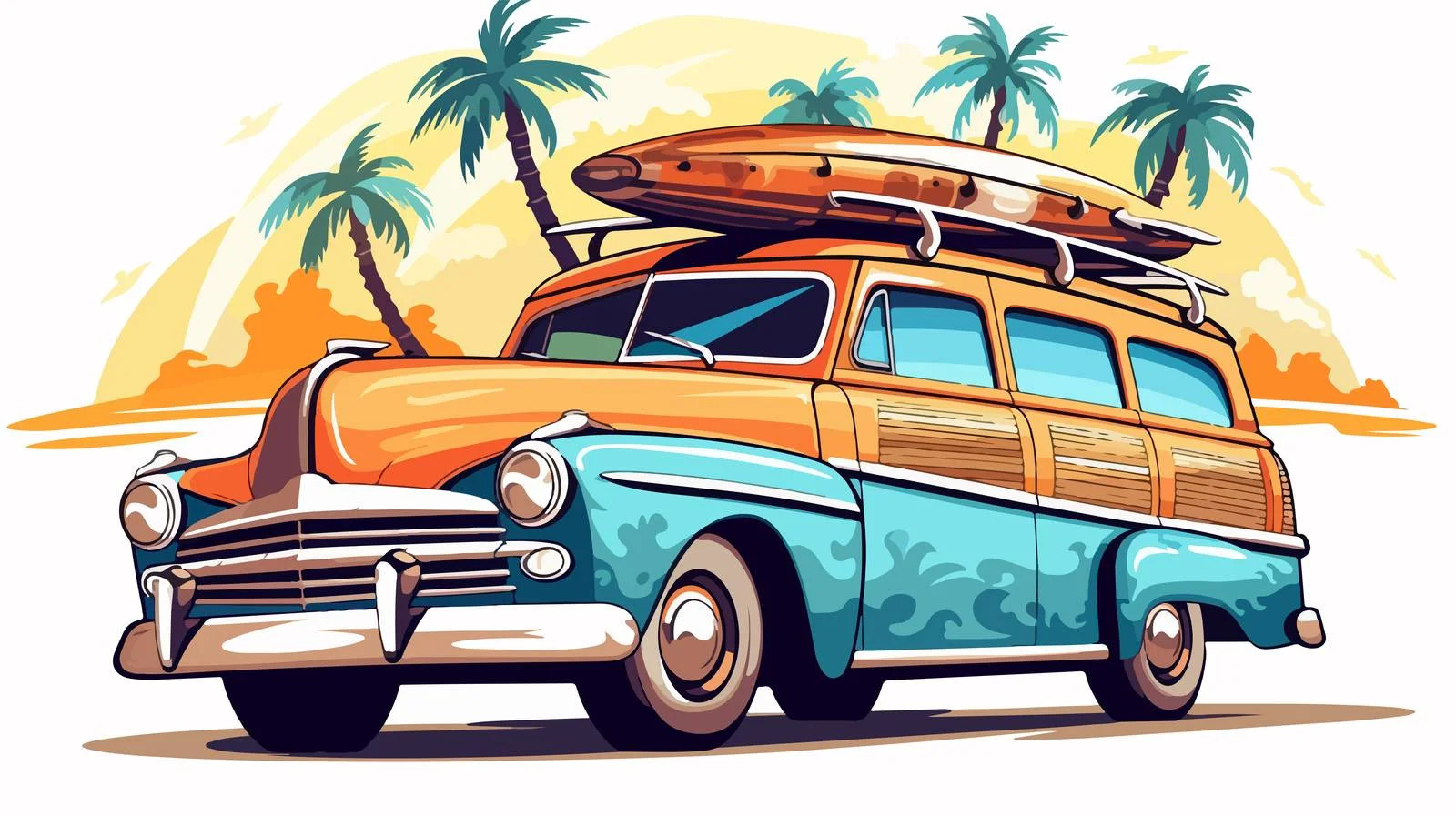 Vintage Car Surfboards Summer Holiday Sketch — free download from Dotvec
