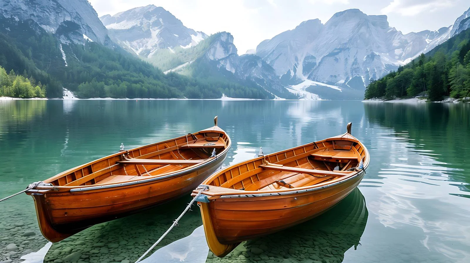 Tranquil rowboats on mountain lake shore — free download from Dotvec