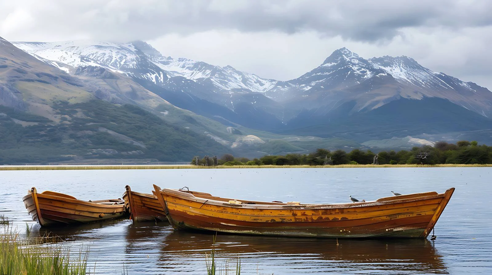 Tranquil rowboats by mountain-ringed lake — free download from Dotvec