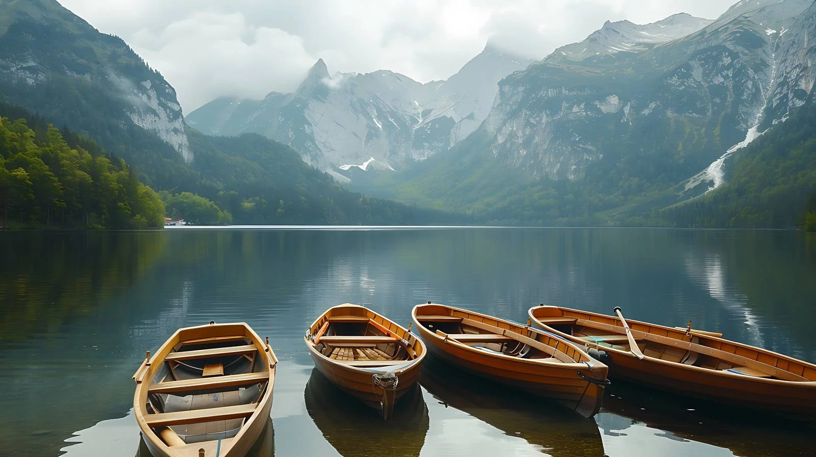 Tranquil Rowboats by Mountain Lake Shore — free download from Dotvec