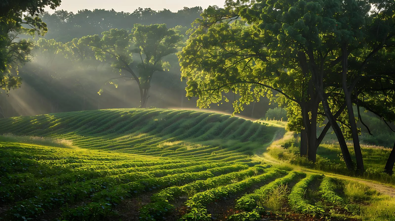 Soybean rows in field with evening sunlight — free download from Dotvec