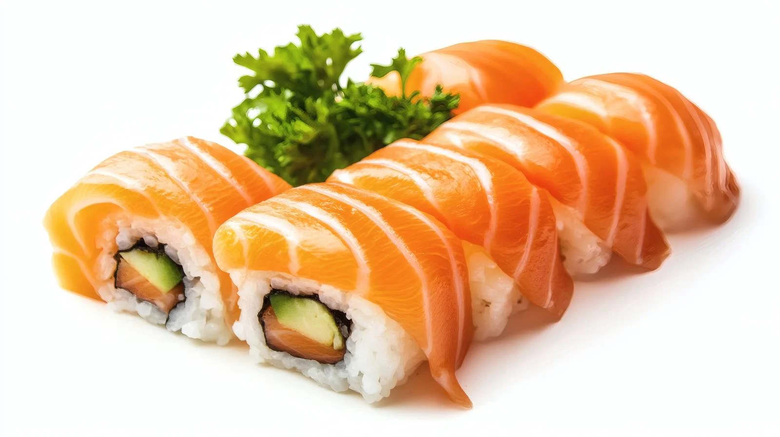 Exquisite Salmon Sushi Rolls on White — free download from Dotvec