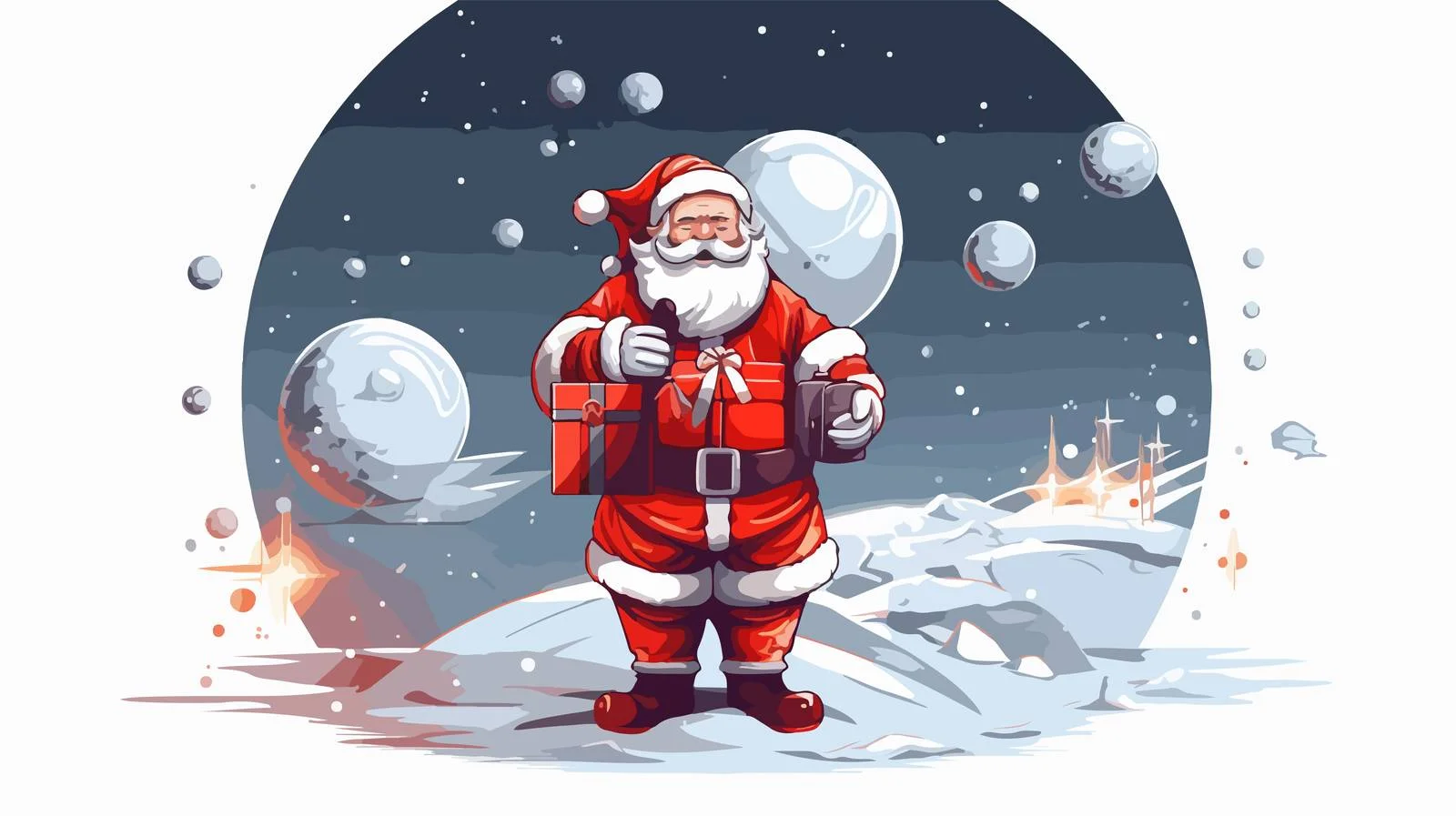 Santa Claus on the Moon with Floating Gift Boxes — free download from Dotvec