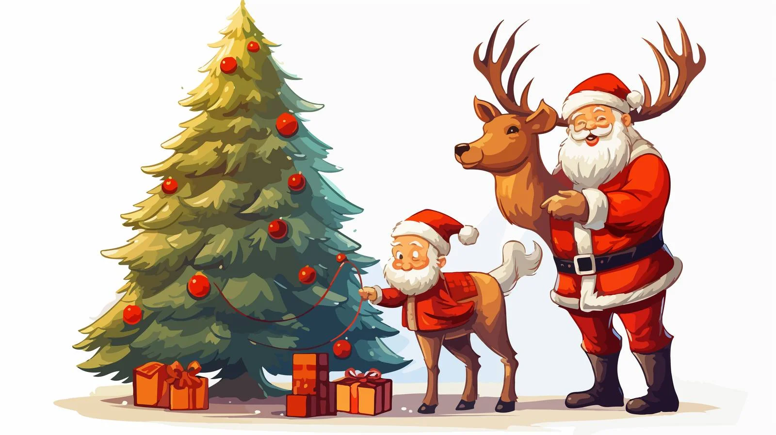 Santa & Reindeer Decorating Christmas Tree — free download from Dotvec