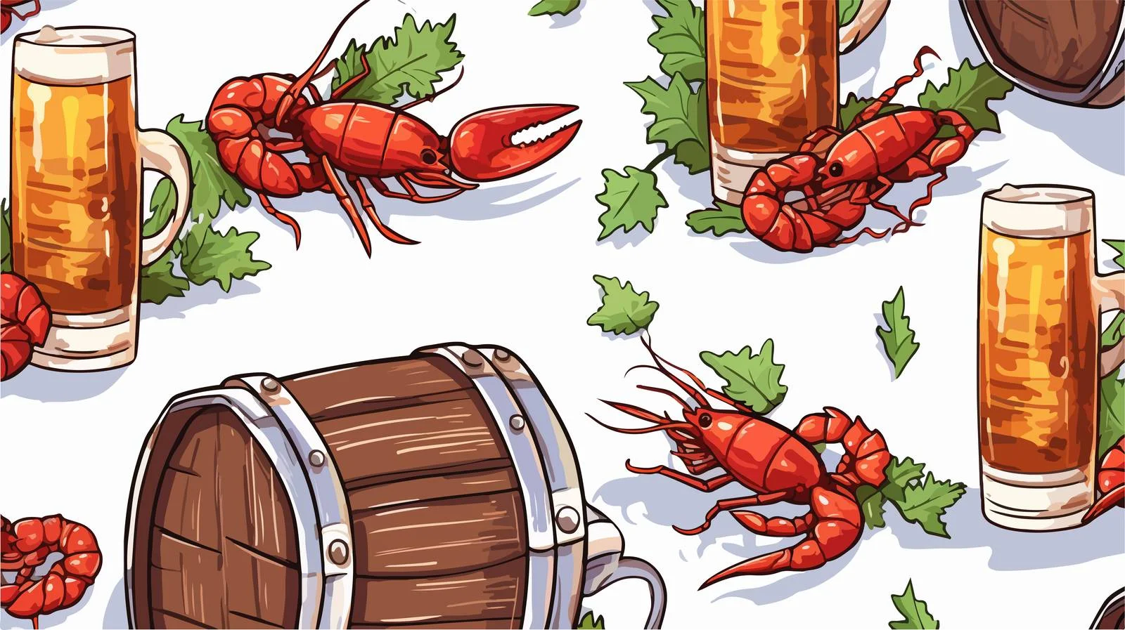 Beer Mugs Barrels Crayfish Seamless Pattern — free download from Dotvec