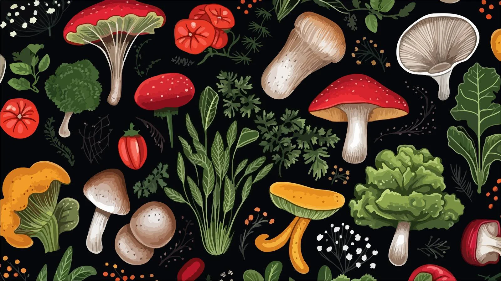 Fresh Vegetable and Mushroom Seamless Pattern — free download from Dotvec
