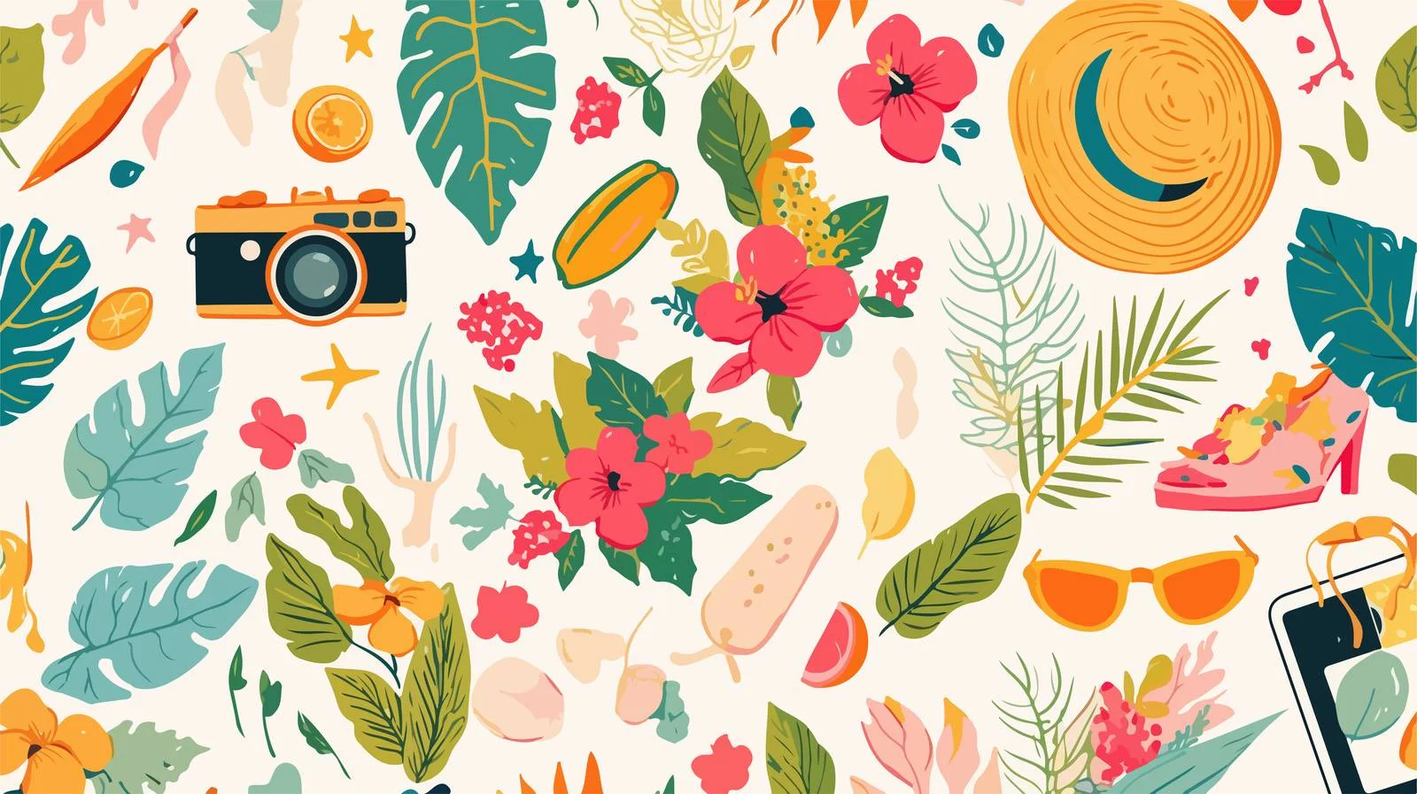 Summer Attributes Seamless Pattern on White — free download from Dotvec
