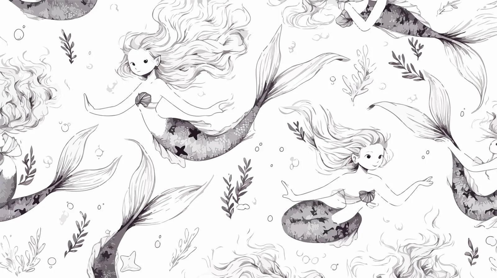 Marine Mermaids Seamless Hand-Drawn Pattern — free download from Dotvec