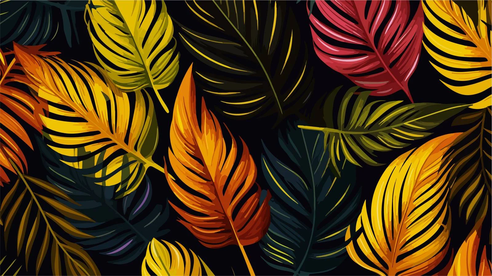 Tropical Leaves Seamless Pattern on Black — free download from Dotvec