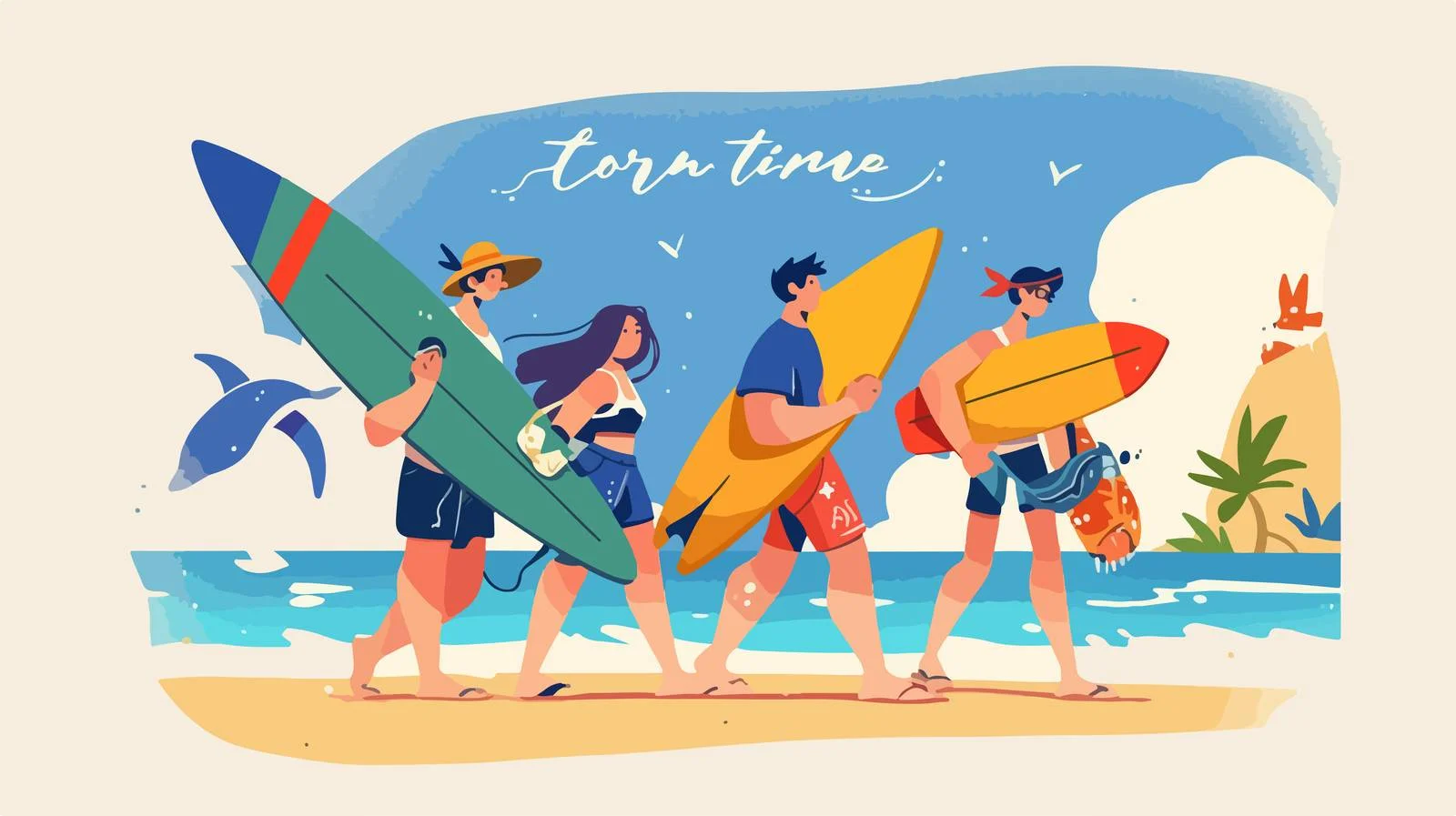 Seasonal Beach Greeting with Surfer Group — free download from Dotvec