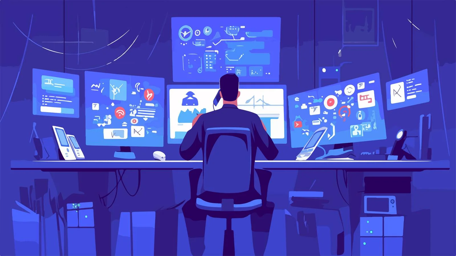 Guard Monitoring Dark Control Room Environment – free security camera image from Dotvec