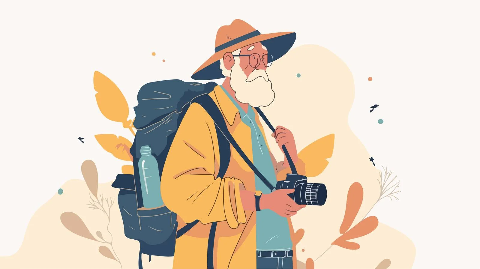 Elderly traveler with camera and water bottle — free download from Dotvec