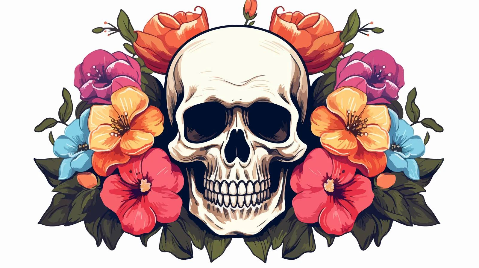 Cartoon Human Skull with Flowers — free download from Dotvec