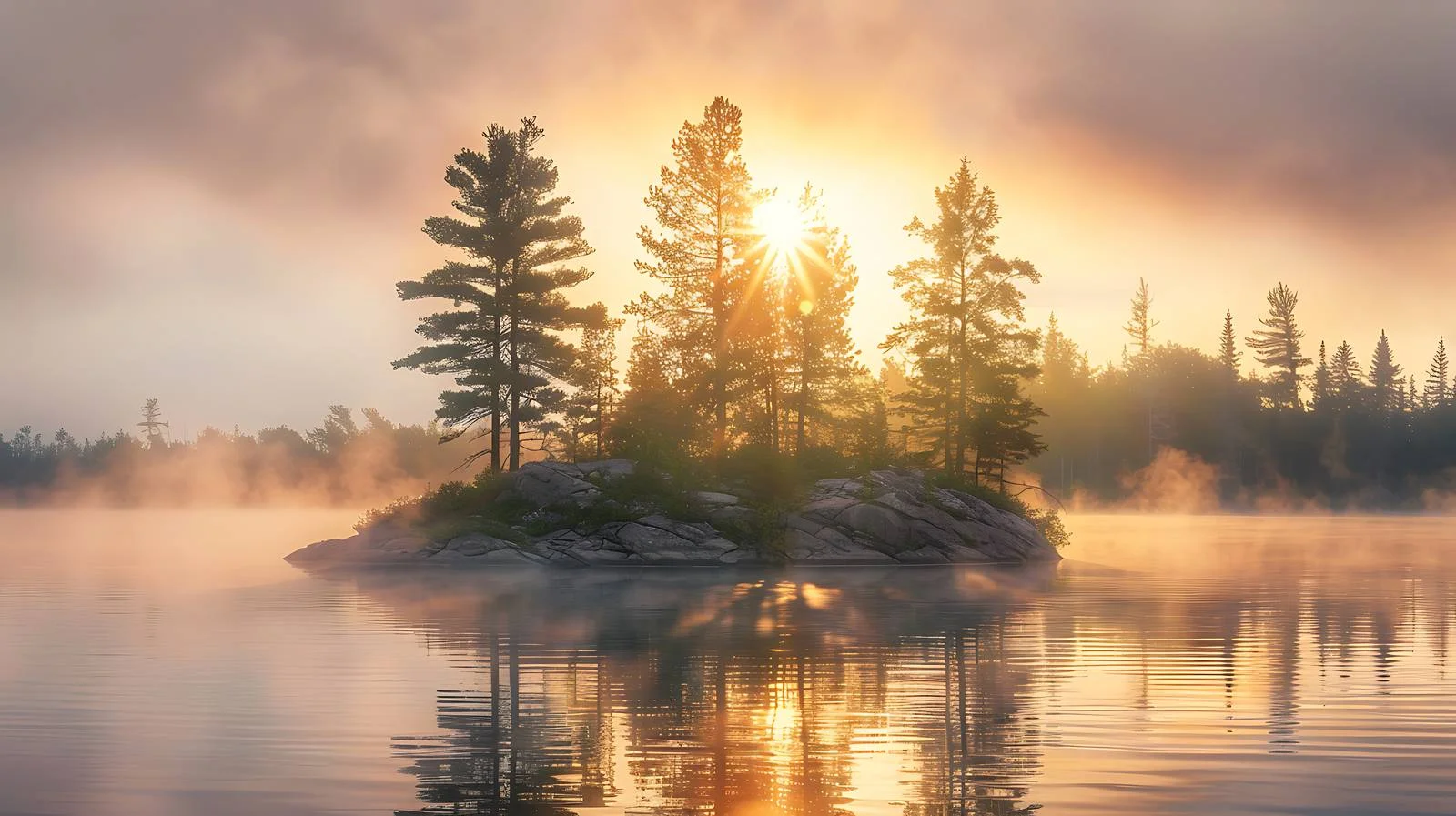 Serene Island With Pine Trees and Sunburst — free download from Dotvec