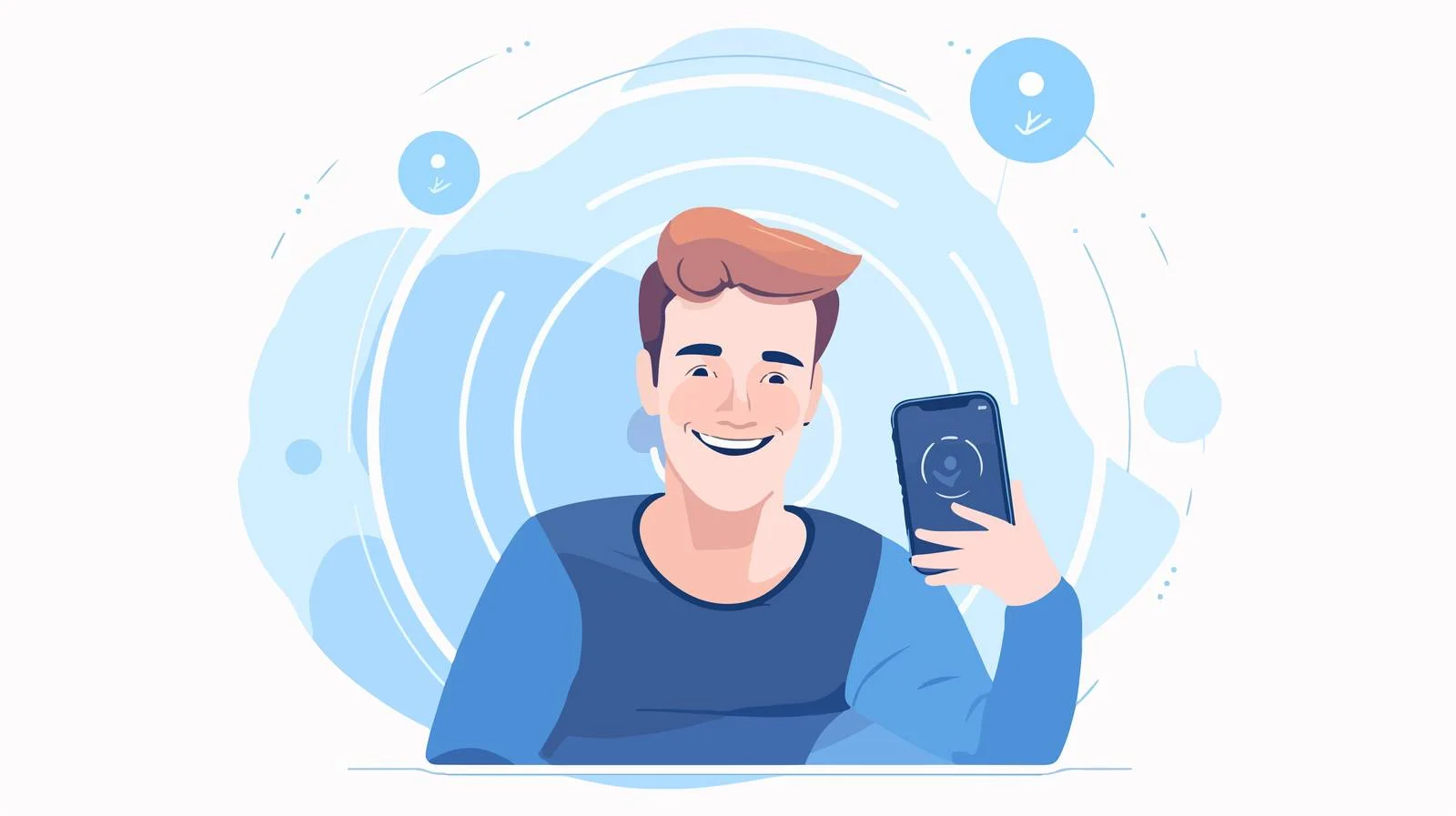 Happy man sitting near smartphone screen — free download from Dotvec