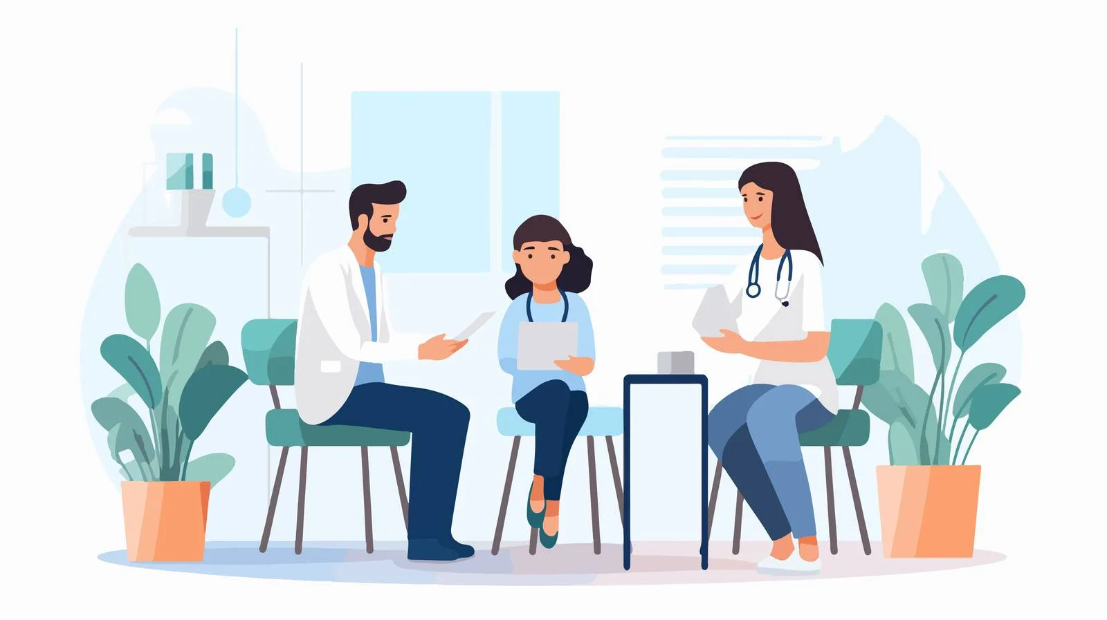 Happy cartoon family with therapist counseling — free download from Dotvec