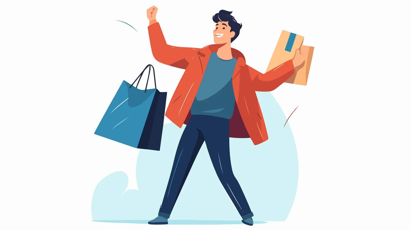 Joyful cartoon character holding many shopping bags
