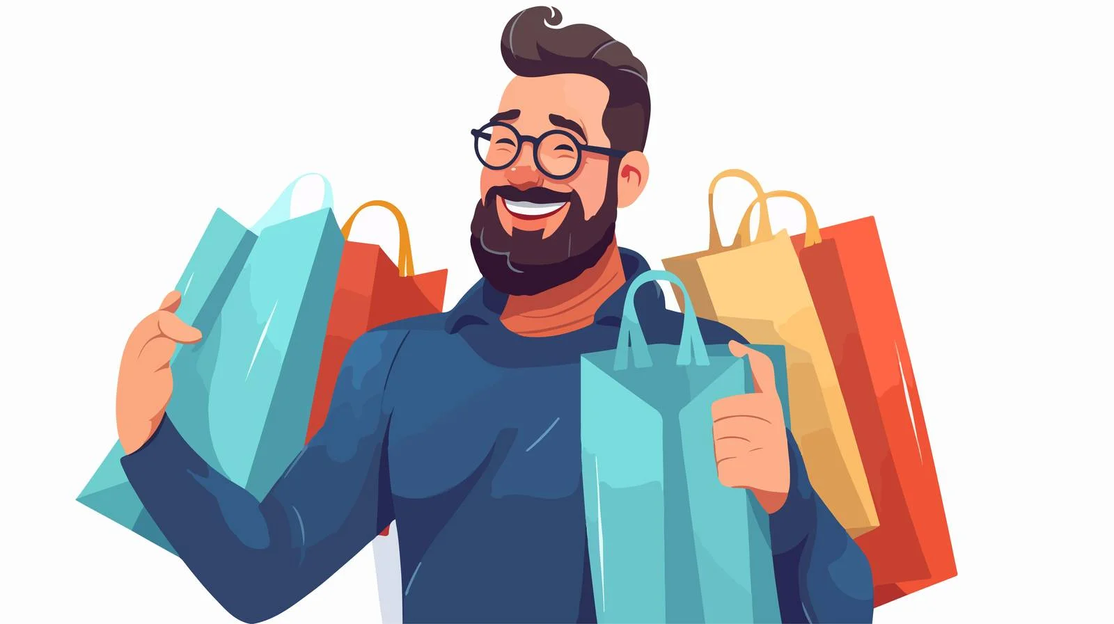 Joyful cartoon guy with multiple shopping bags — free download from Dotvec