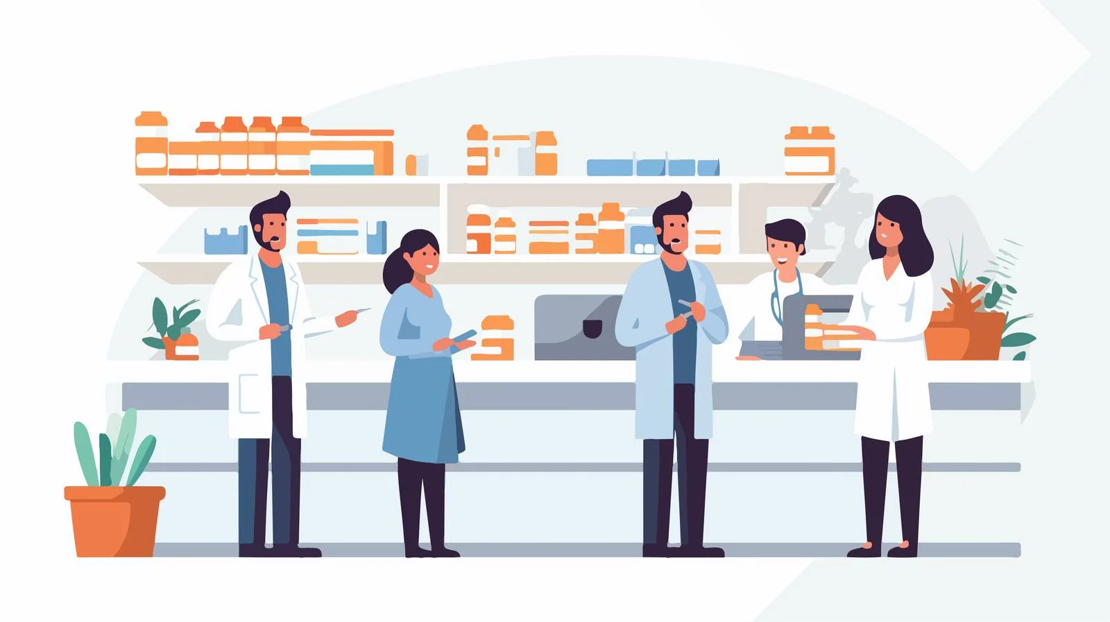 Friendly Cartoon Pharmacist Serving Clients at Counter — free download from Dotvec
